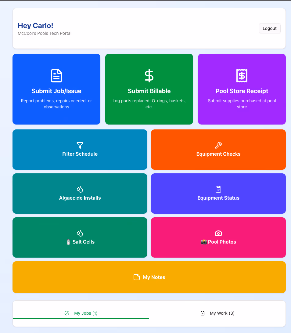 The mobile technician portal — job submission and route view